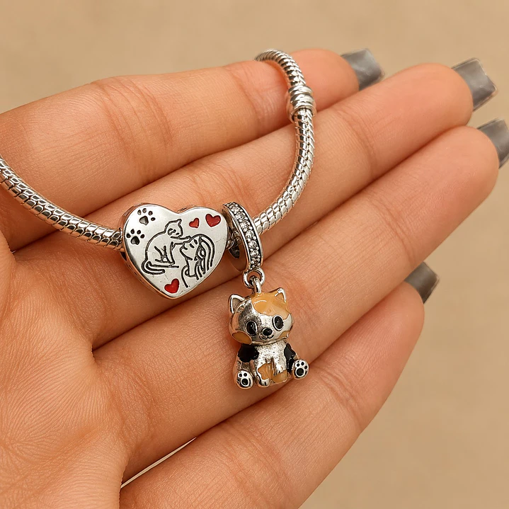 Pulsera + Charm Corazón Gatito Plata 925 4