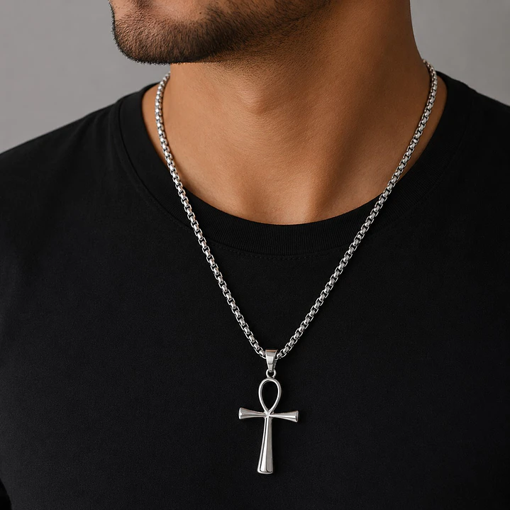 Collar Hombre Cruz Egipcia Acero Inoxidable  2