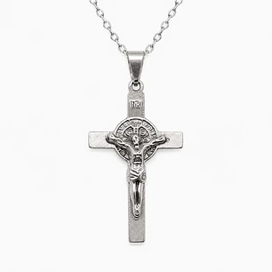 Collar Crucifijo San Benito Hombre Acero Inoxidable 