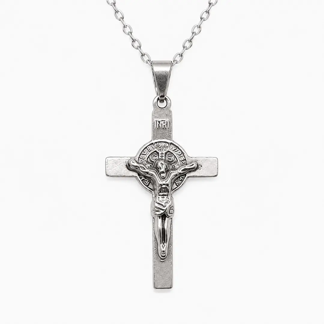 Collar Crucifijo San Benito Hombre Acero Inoxidable  1