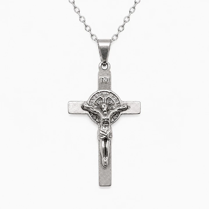 Collar Crucifijo San Benito Hombre Acero Inoxidable  1