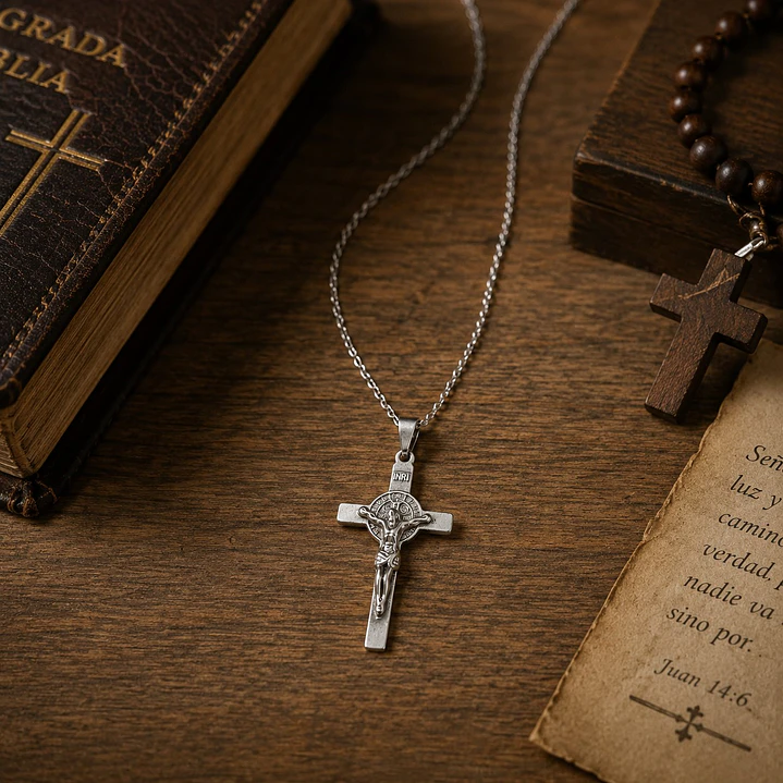 Collar Crucifijo San Benito Hombre Acero Inoxidable  3