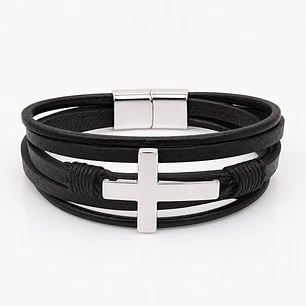 Pulsera Hombre Cuero Cruz Acero Inoxidable  