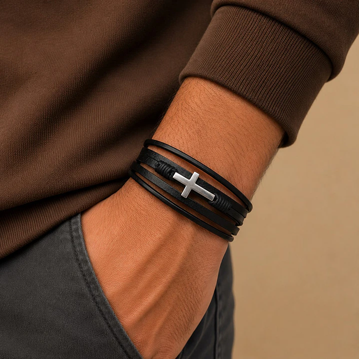 Pulsera Hombre Cuero Cruz Acero Inoxidable   2