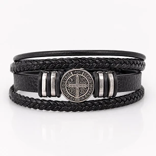 Pulsera Cuero Hombre Brújula Vikinga Nórdico Acero Inoxidable  