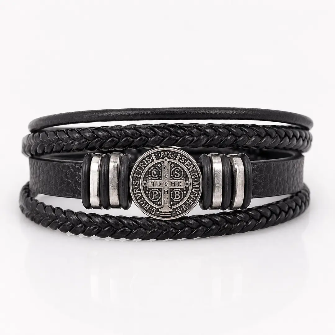 Pulsera Cuero Hombre Brújula Vikinga Nórdico Acero Inoxidable   1