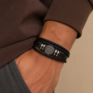 Pulsera Cuero Hombre Brújula Vikinga Nórdico Acero Inoxidable  