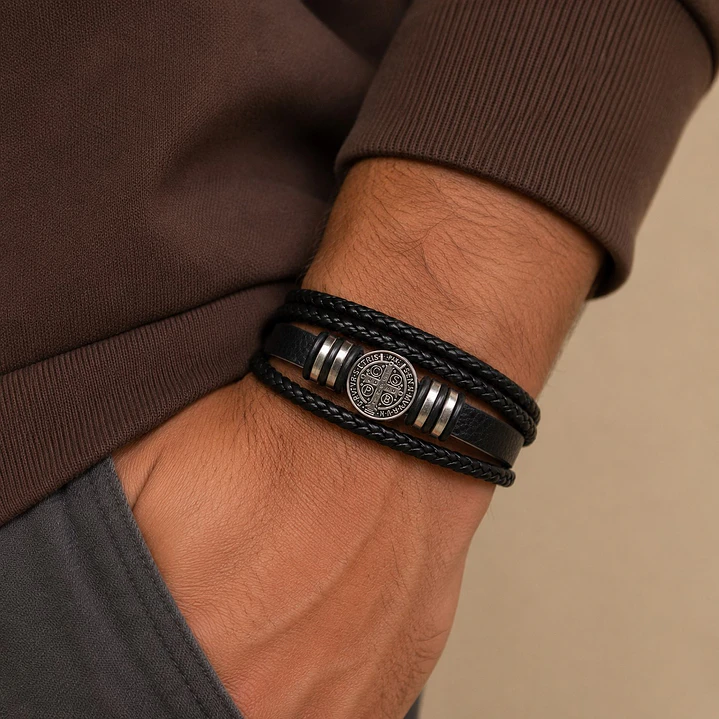 Pulsera Cuero Hombre Brújula Vikinga Nórdico Acero Inoxidable   2