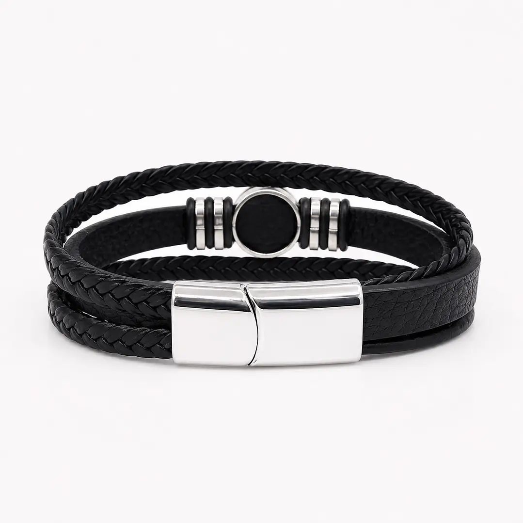 Pulsera Cuero Hombre Brújula Vikinga Nórdico Acero Inoxidable   3