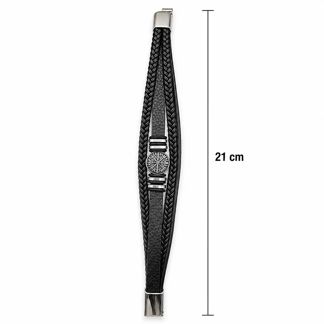 Pulsera Cuero Hombre Brújula Vikinga Nórdico Acero Inoxidable   4