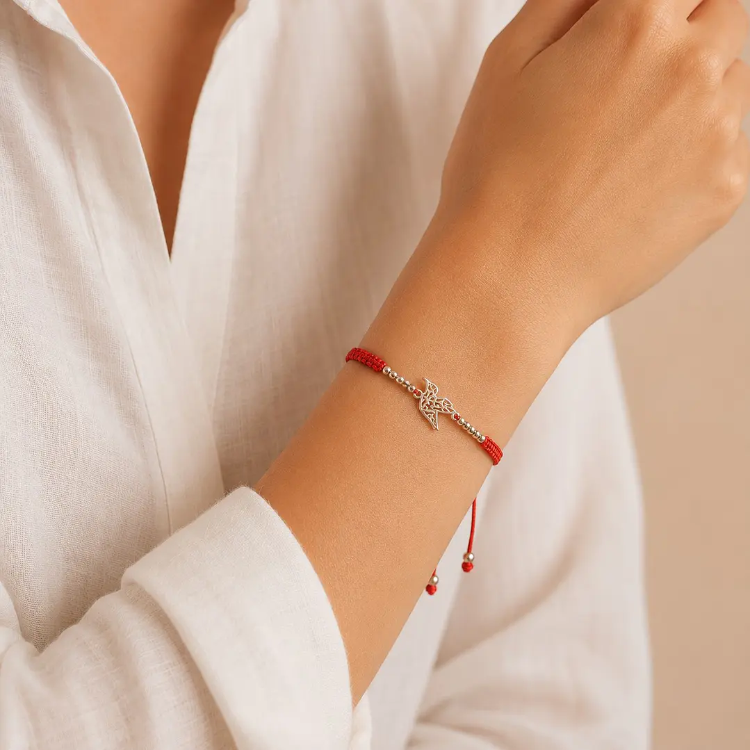 Pulsera Hilo Rojo Colibrí Ajustable Plata 925 2