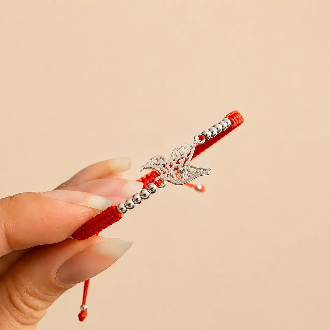 Pulsera Hilo Rojo Colibrí Ajustable Plata 925 5