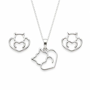 Conjunto Collar y Aros Gato Plata Ley 925  