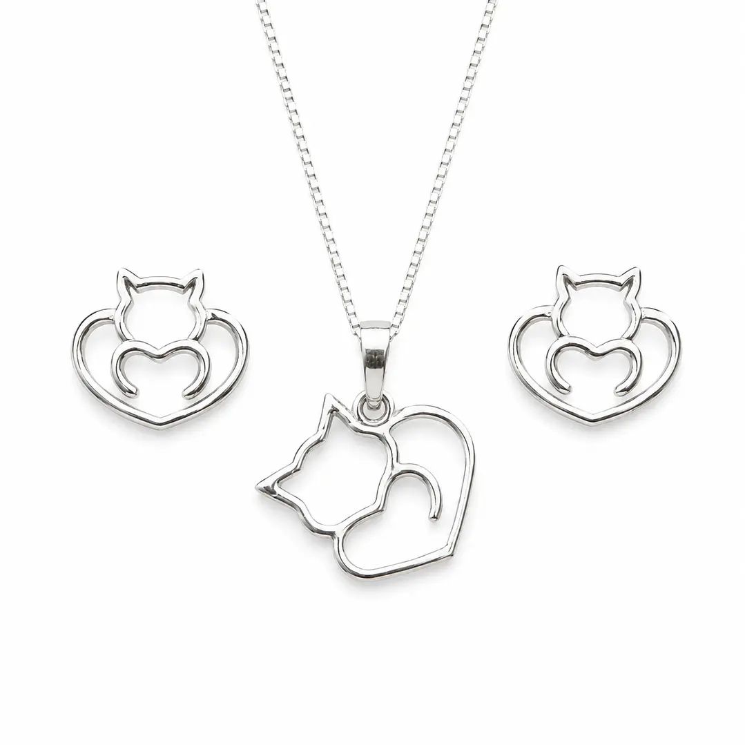 Conjunto Collar y Aros Gato Plata Ley 925   1