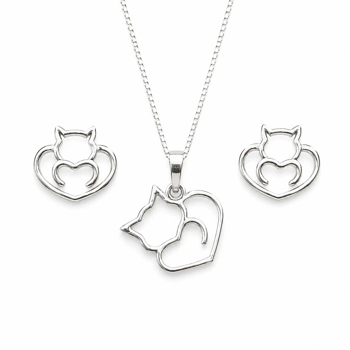 Conjunto Collar y Aros Gato Plata Ley 925   1