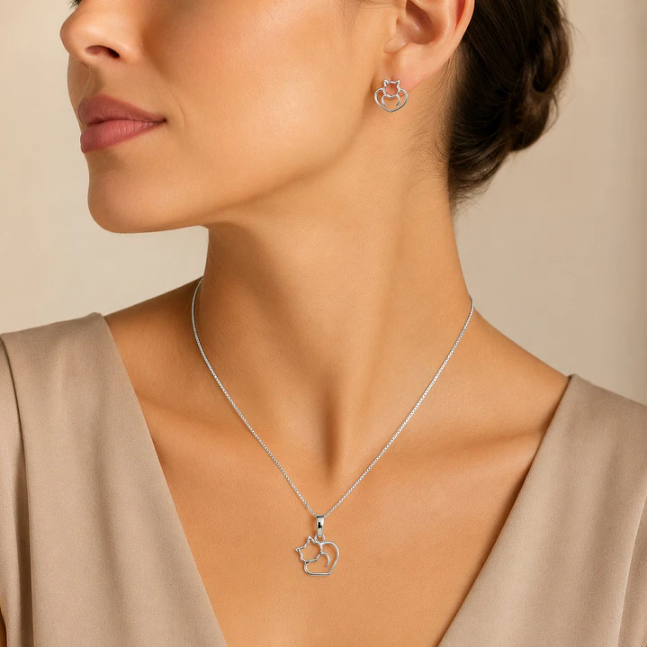 Conjunto Collar y Aros Gato Plata Ley 925   2