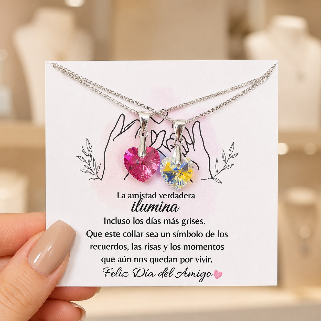 Pack 2 Collares Corazón Rosa y Cristal Amigas Por Siempre Plata 925  1