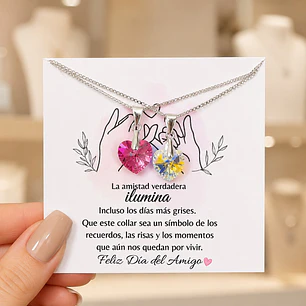 Pack 2 Collares Corazón Rosa y Cristal Amigas Por Siempre Plata 925 