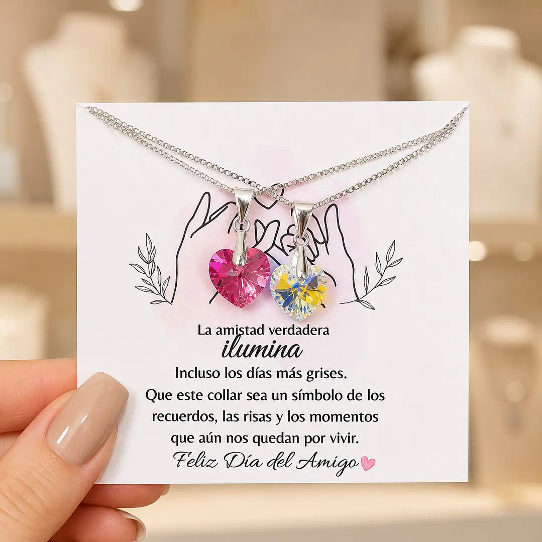 Pack 2 Collares Corazón Rosa y Cristal Amigas Por Siempre Plata 925  1