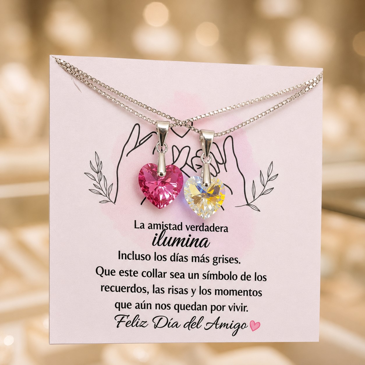 Pack 2 Collares Corazón Rosa y Cristal Amigas Por Siempre Plata 925  5
