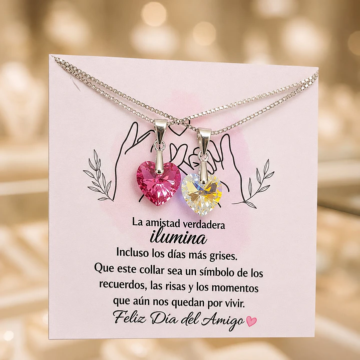Pack 2 Collares Corazón Rosa y Cristal Amigas Por Siempre Plata 925  5