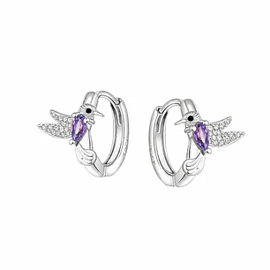 Argolla Huggie Colibrí Circones Amatista 14 mm Plata Ley 925