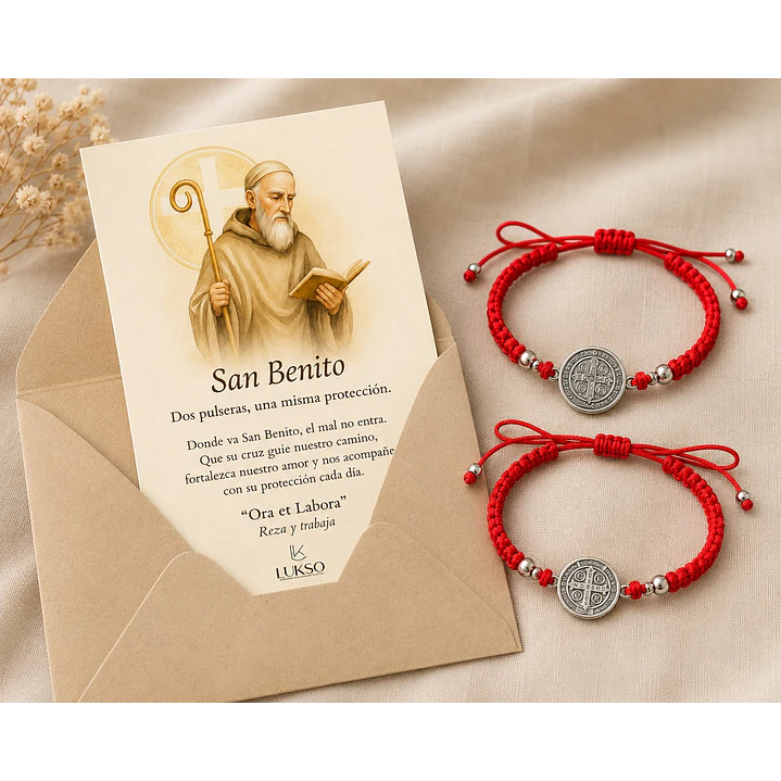 Pack 2 Pulseras Hilo Rojo Protección San Benito Pareja + Tarjeta Dedicatoria 3