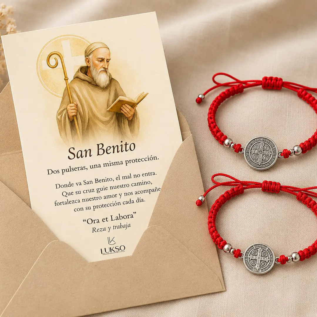 Pack 2 Pulseras Hilo Rojo Protección San Benito Pareja + Tarjeta Dedicatoria 3