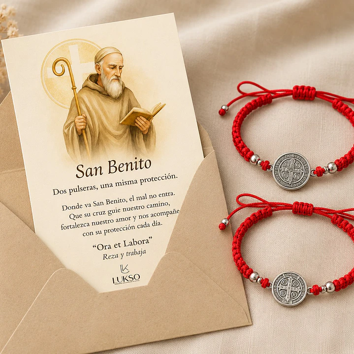 Pack 2 Pulseras Hilo Rojo Protección San Benito Pareja + Tarjeta Dedicatoria 3