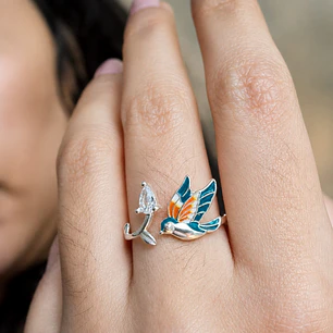 Anillo Colibrí Circón Esmaltado Ajustable Plata Ley 925   