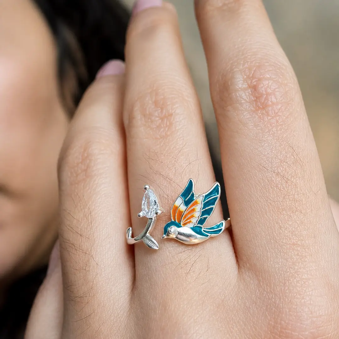 Anillo Colibrí Circón Esmaltado Ajustable Plata Ley 925    2