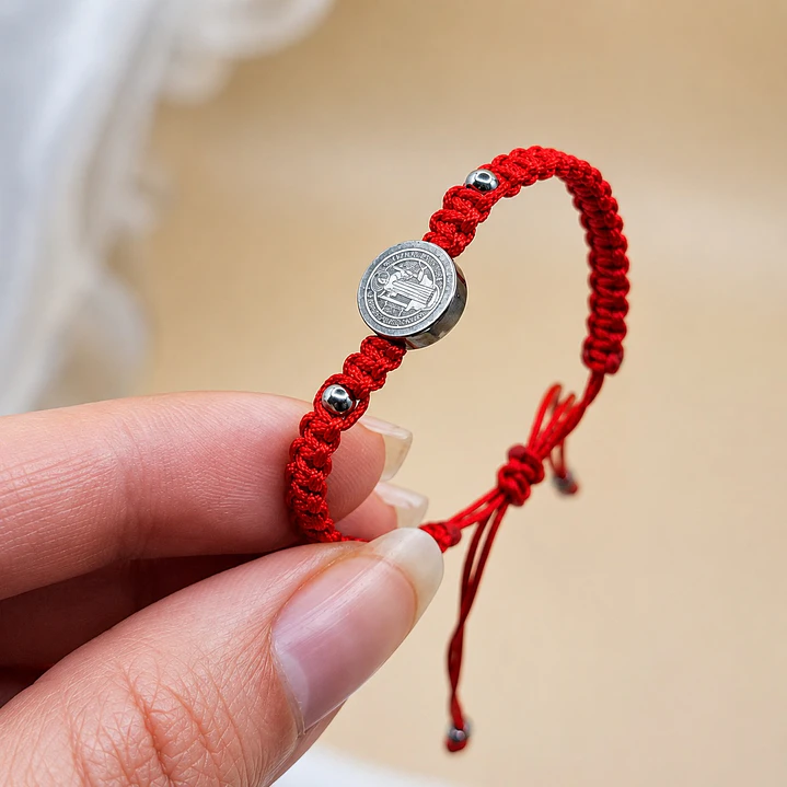 Pack 3 Pulseras Hilo Rojo San Benito Protección Acero 4
