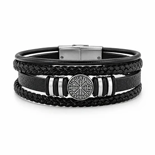 Pulsera Cuero Hombre Brújula Vikinga Nórdico Acero Inoxidable  