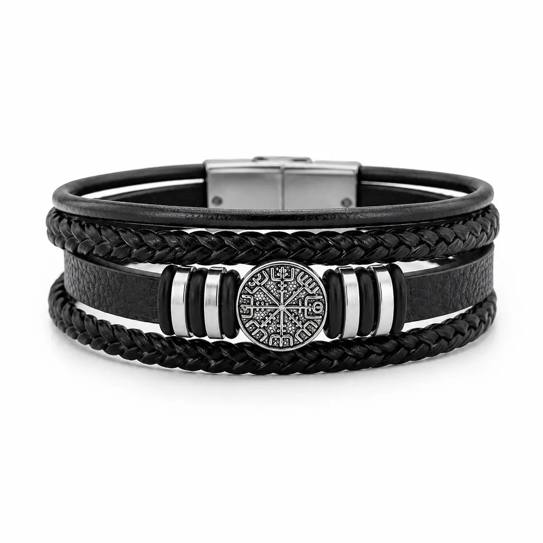 Pulsera Cuero Hombre Brújula Vikinga Nórdico Acero Inoxidable   1