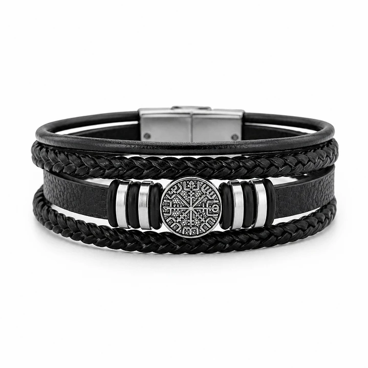 Pulsera Cuero Hombre Brújula Vikinga Nórdico Acero Inoxidable   1