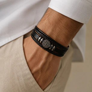 Pulsera Cuero Hombre Brújula Vikinga Nórdico Acero Inoxidable  