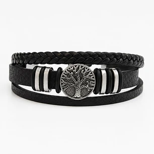 Pulsera Cuero Hombre Árbol de la Vida Acero Inoxidable 