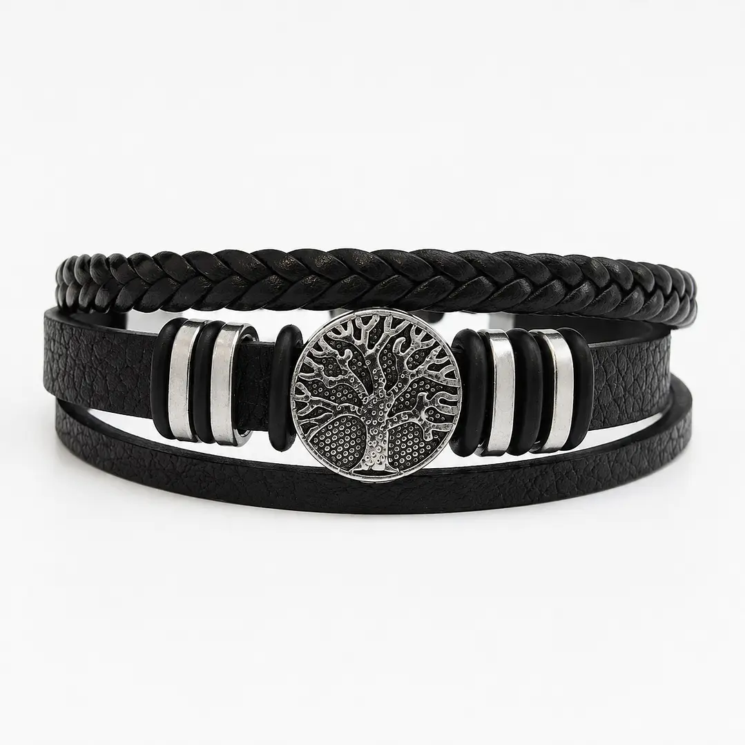 Pulsera Cuero Hombre Árbol de la Vida Acero Inoxidable  1