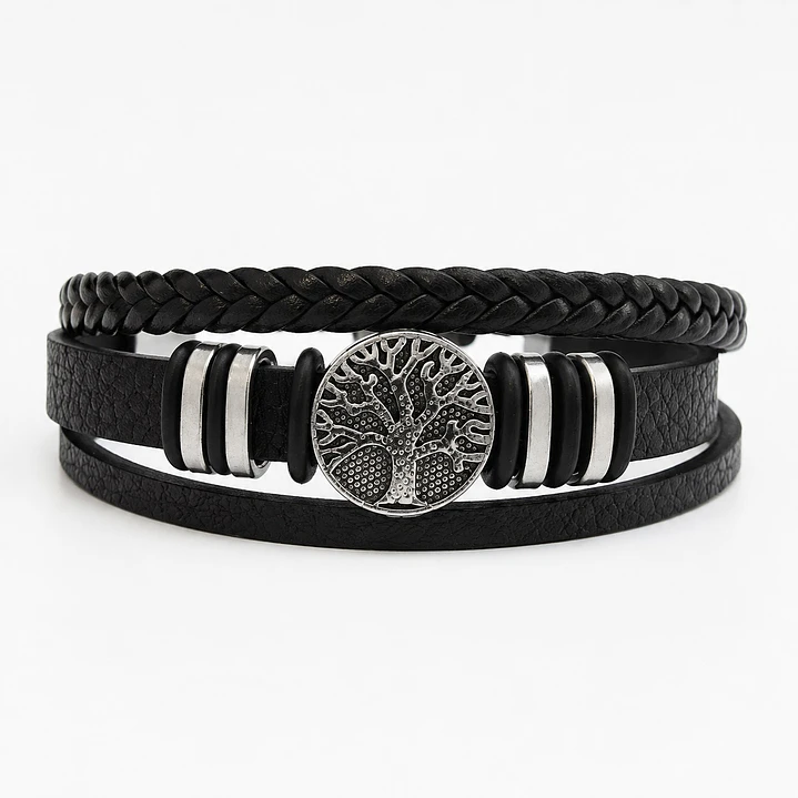 Pulsera Cuero Hombre Árbol de la Vida Acero Inoxidable  1