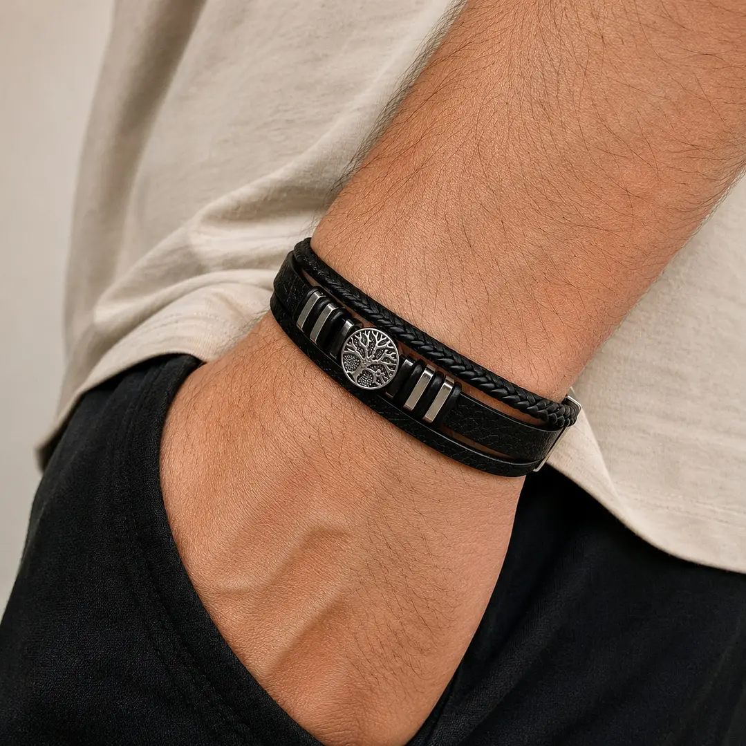 Pulsera Cuero Hombre Árbol de la Vida Acero Inoxidable  2