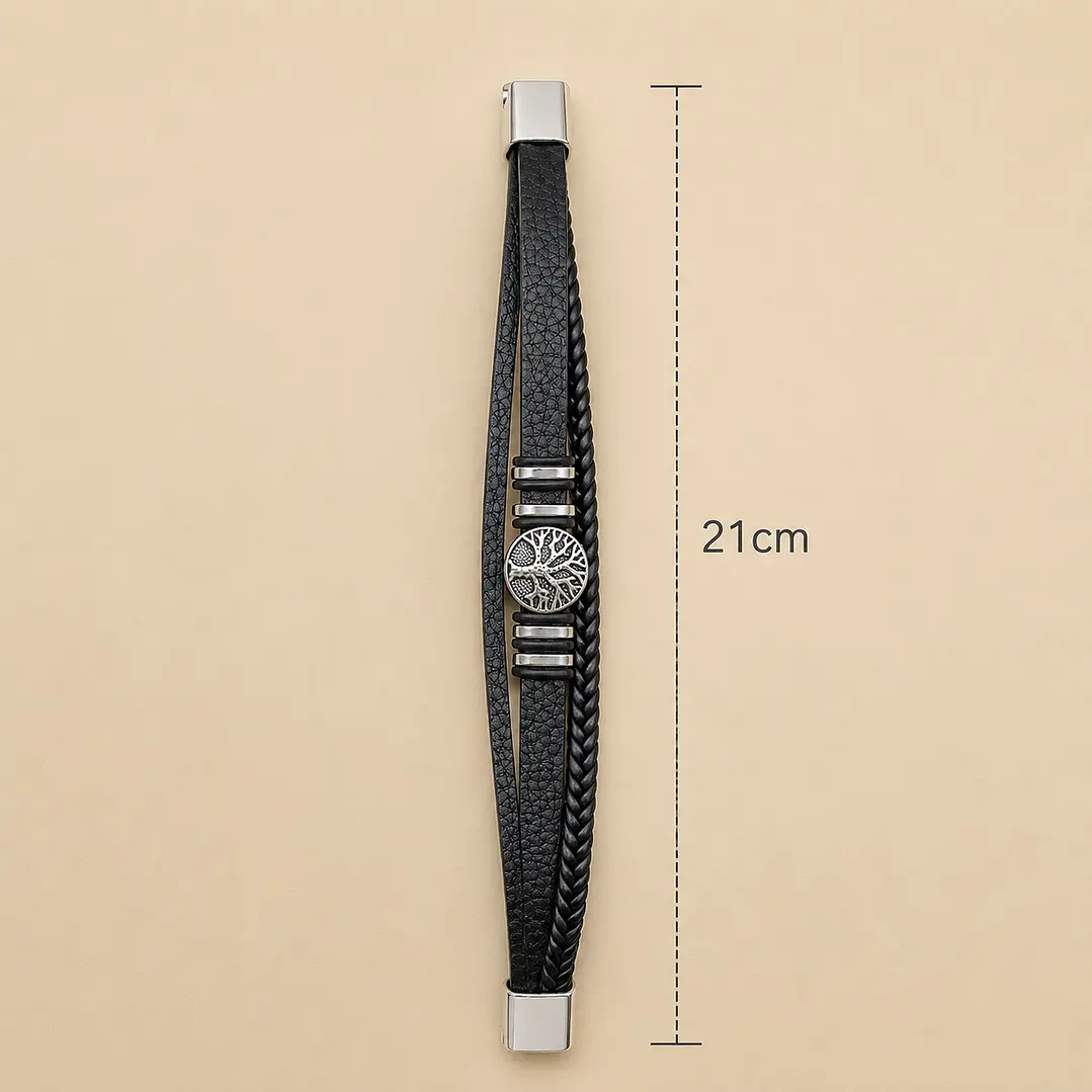 Pulsera Cuero Hombre Árbol de la Vida Acero Inoxidable  3
