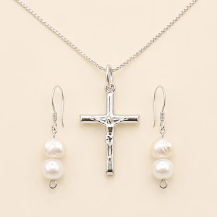 Conjunto Collar Crucifijo y Aros Perla de Rio Natural Plata 925 - EDICIÒN LIMITADA 