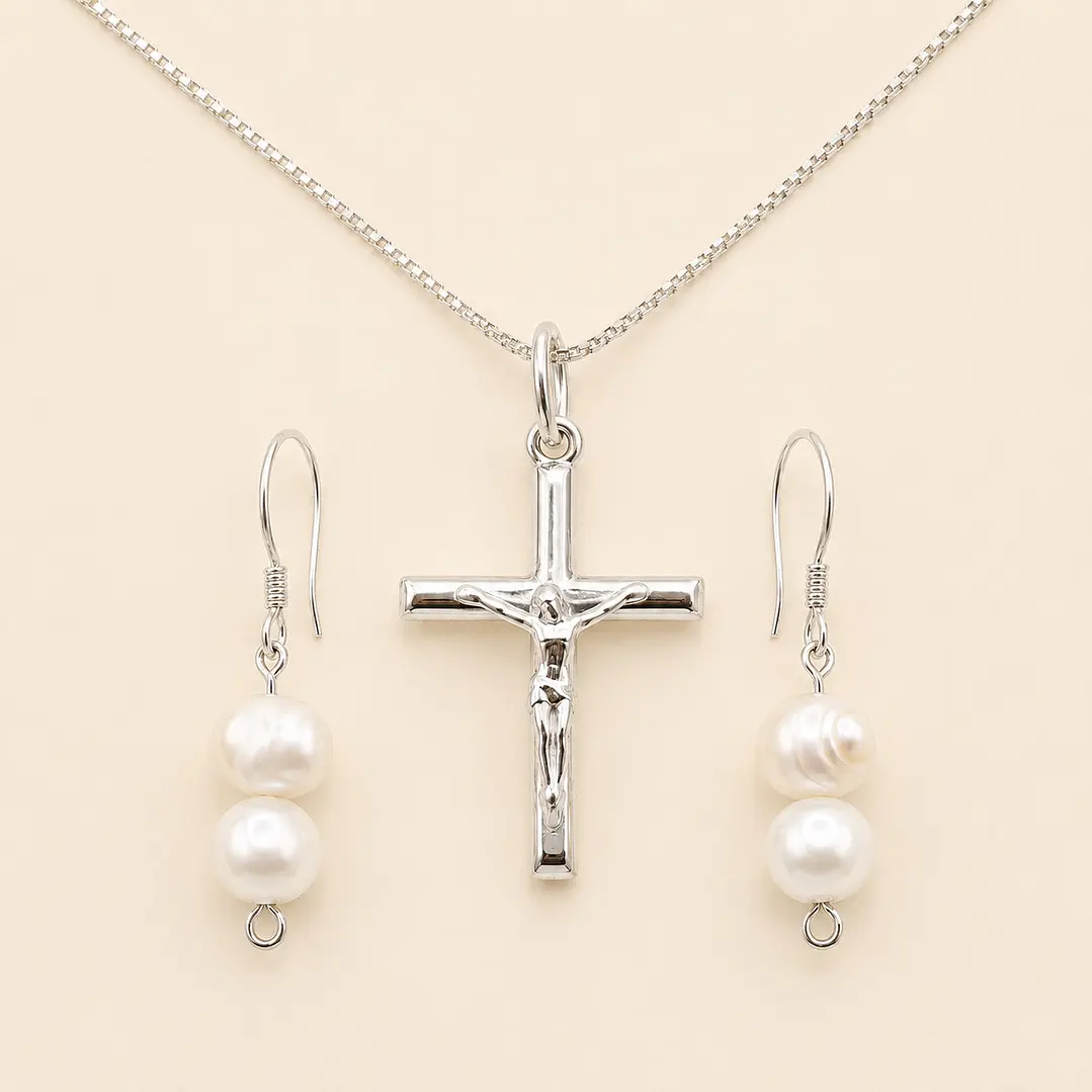 Conjunto Collar Crucifijo y Aros Perla de Rio Natural Plata 925 - EDICIÒN LIMITADA  1