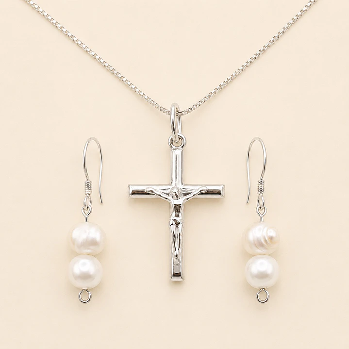 Conjunto Collar Crucifijo y Aros Perla de Rio Natural Plata 925 - EDICIÒN LIMITADA  1