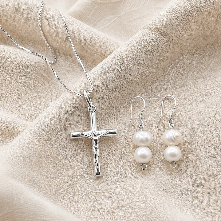 Conjunto Collar Crucifijo y Aros Perla de Rio Natural Plata 925 - EDICIÒN LIMITADA  3