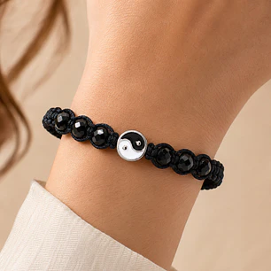 Pulsera Yin Yang Hilo Negro Cristal Acero Inoxidable
