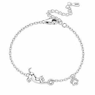 Pulsera de Gato y Huellita en Plata Ley 925