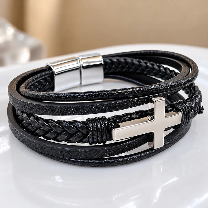 Pulsera Hombre Cuero Cruz Acero Inoxidable   3
