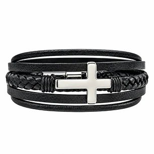 Pulsera Hombre Cuero Cruz Acero Inoxidable  