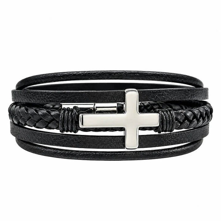 Pulsera Hombre Cuero Cruz Acero Inoxidable   1